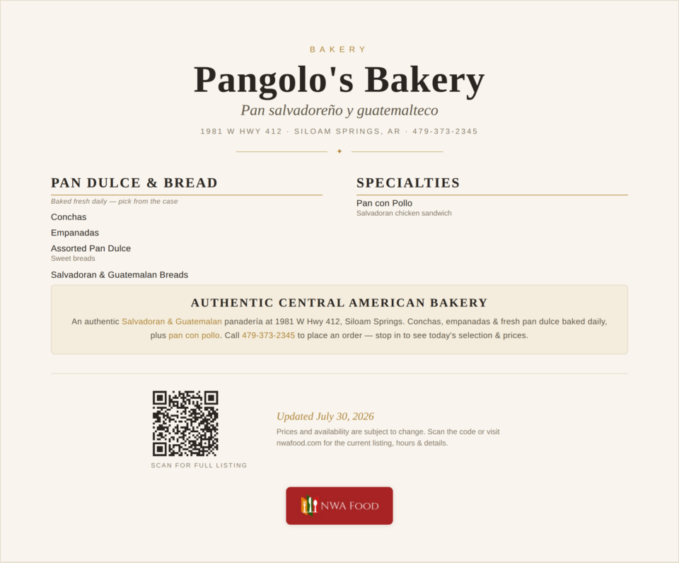 Pangolo's Bakery - Siloam Springs, AR - Menu