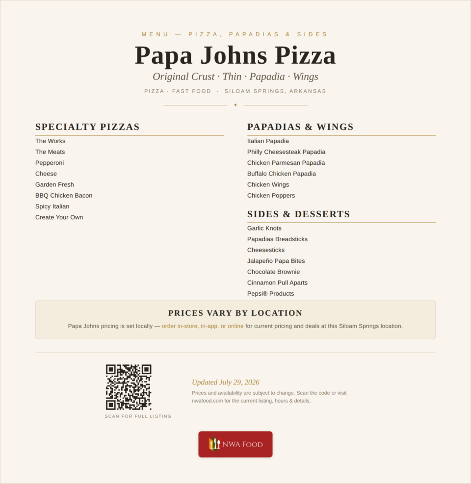 Papa Johns Pizza - Siloam Springs, AR - Menu