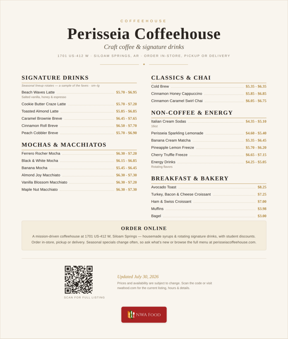 Perisseia Coffeehouse - Siloam Springs, AR - Menu with Prices