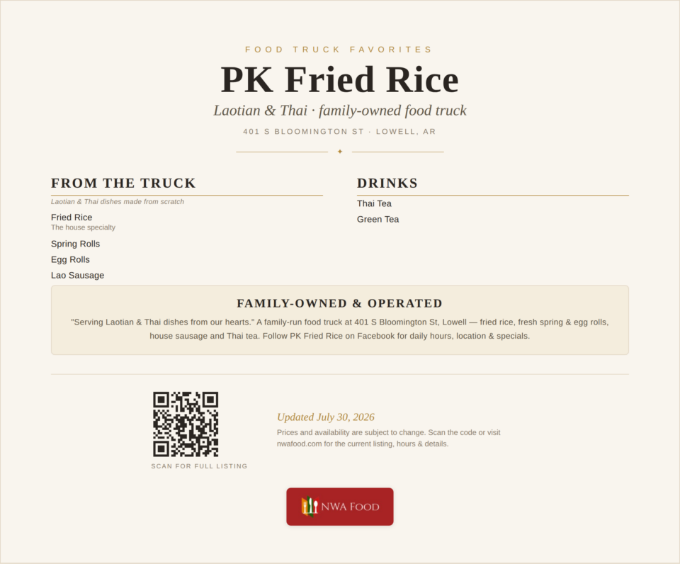 PK Fried Rice Menu