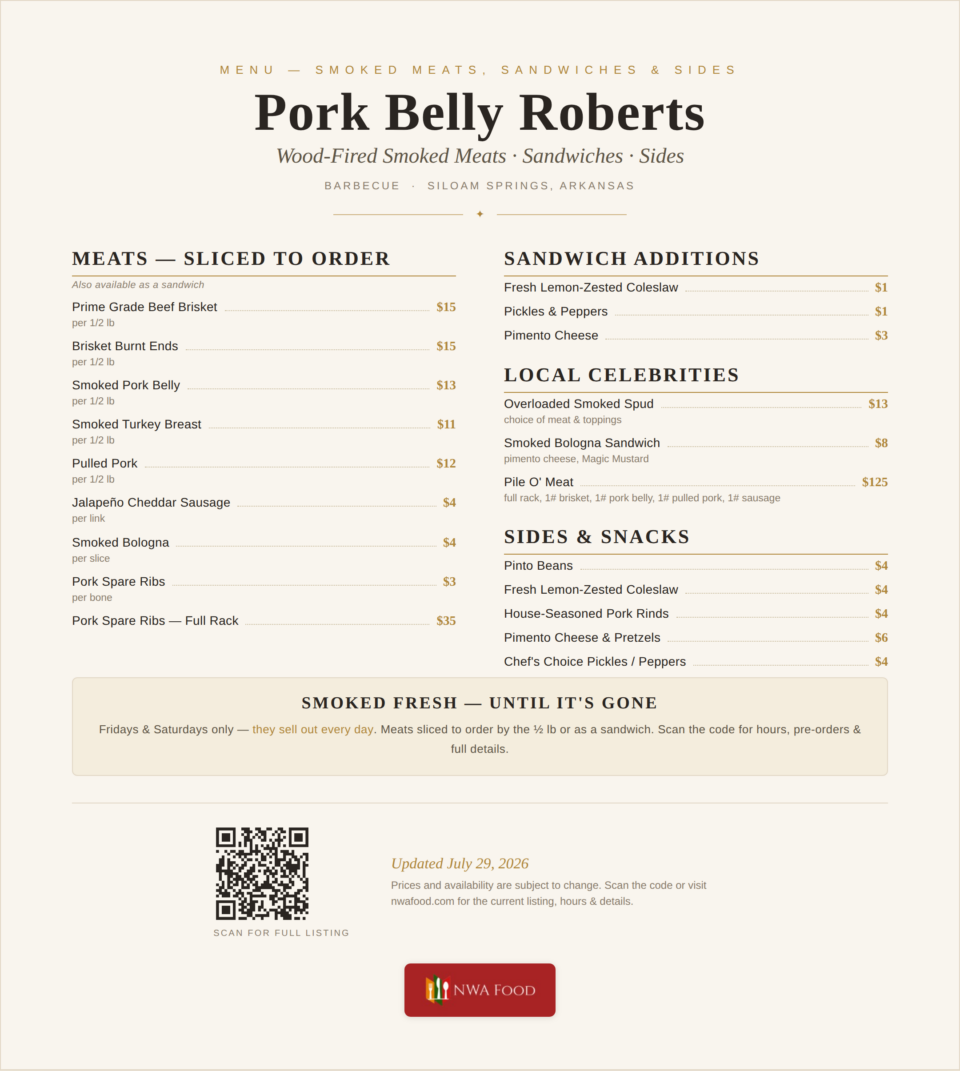 Pork Belly Roberts - Siloam Springs, AR - Menu with Prices