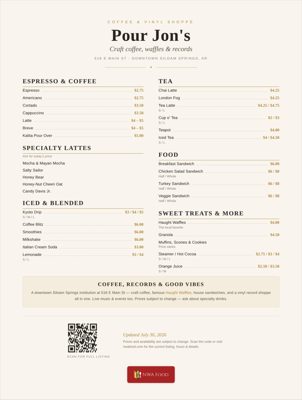 Pour Jon's - Siloam Springs, AR - Menu with Prices