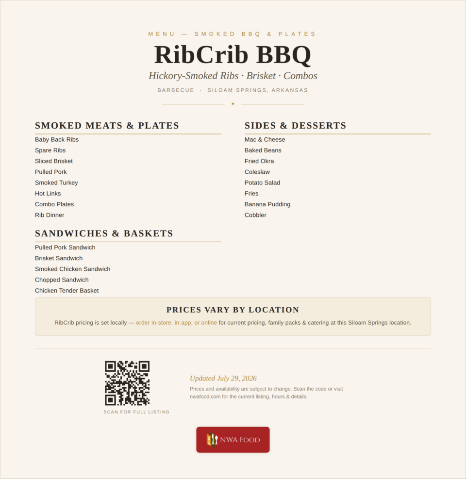 RibCrib BBQ - Siloam Springs, AR - Menu