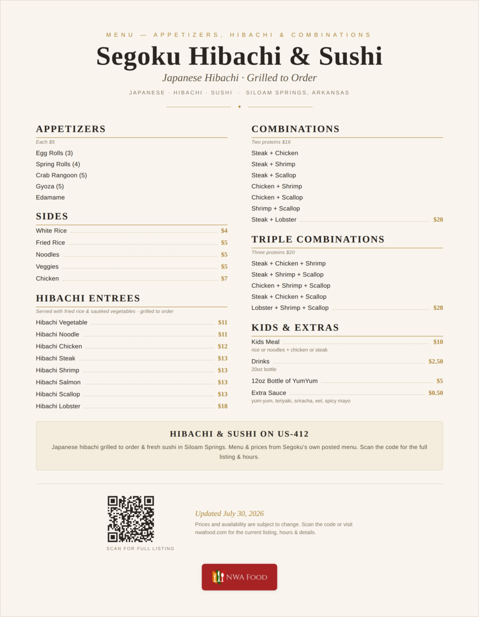 Segoku Hibachi & Sushi - Siloam Springs, AR - Menu with Prices - 01