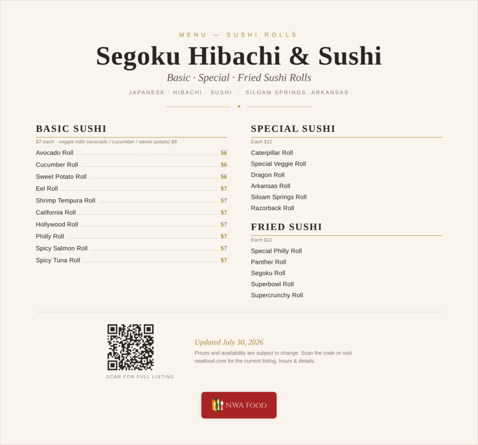 Segoku Hibachi & Sushi - Siloam Springs, AR - Menu with Prices - 02