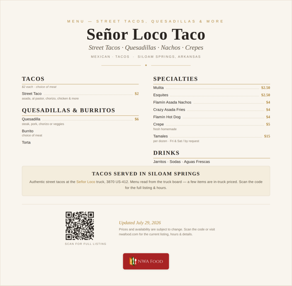Señor Loco Taco - Siloam Springs, AR - Menu with Prices