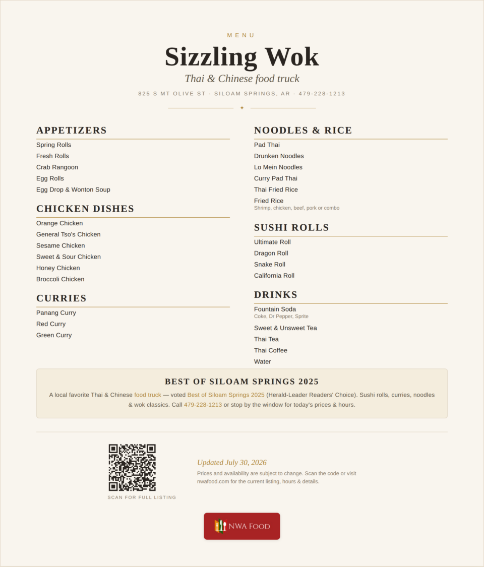 Sizzling Wok Thai and Chinese Food - Siloam Springs, AR - Menu