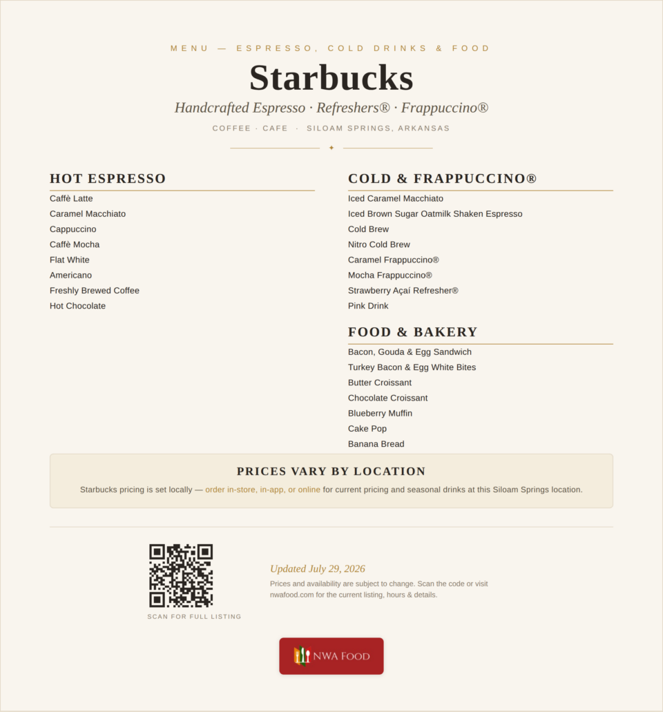 Starbucks - Siloam Springs, AR - Menu