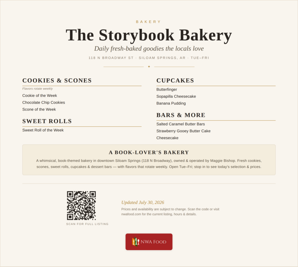 The Storybook Bakery - Siloam Springs, AR - Menu