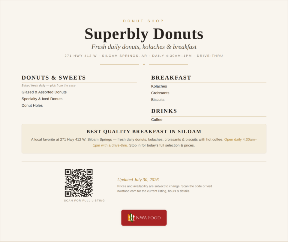 Superbly Donuts - Siloam Springs, AR - Menu