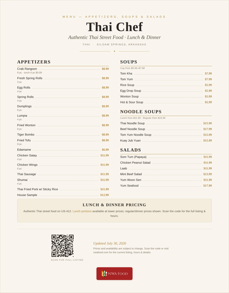 Thai Chef - Siloam Springs, AR - Menu with Prices - 01
