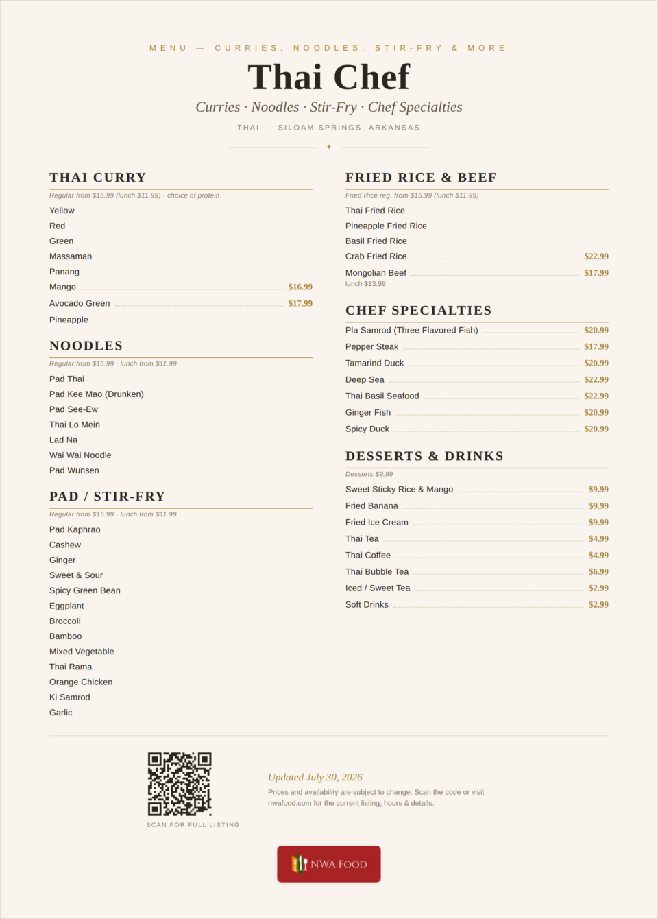 Thai Chef - Siloam Springs, AR - Menu with Prices - 02