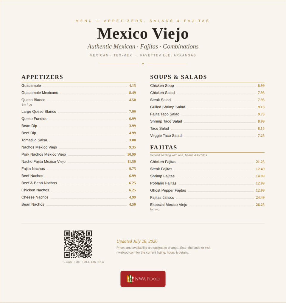 Mexico Viejo - Fayetteville, AR - Menu with Prices - 01