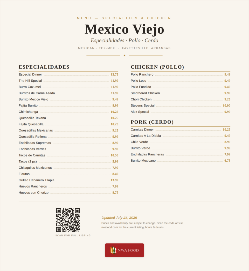 Mexico Viejo - Fayetteville, AR - Menu with Prices - 02