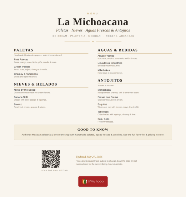 La Michoacana menu of paletas, nieves, aguas frescas and antojitos in Rogers, Arkansas
