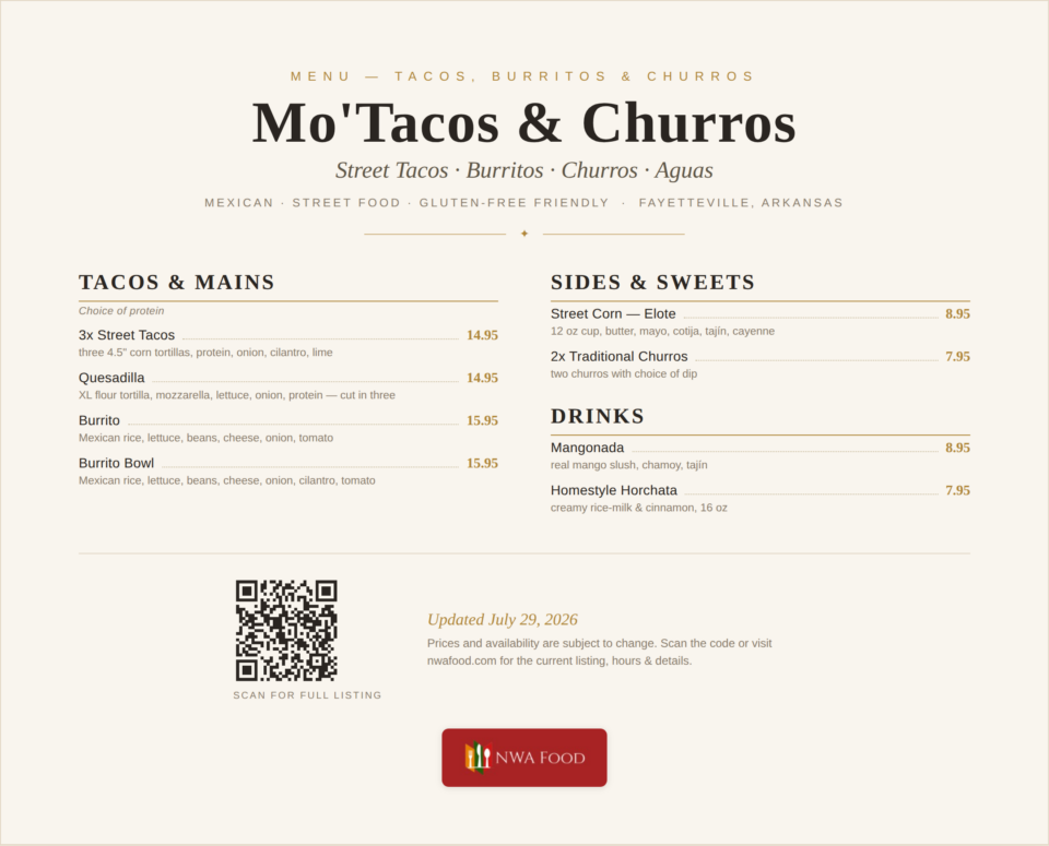 Mo'Tacos & Churros - Fayetteville, AR - Menu