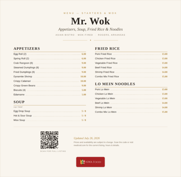 Mr. Wok Asian Bistro menu — appetizers, soup, fried rice and lo mein noodles with prices in Rogers, AR