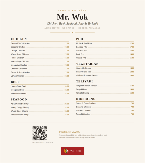 Mr. Wok Asian Bistro menu — chicken, beef, seafood, pho and teriyaki entrées with prices in Rogers, AR