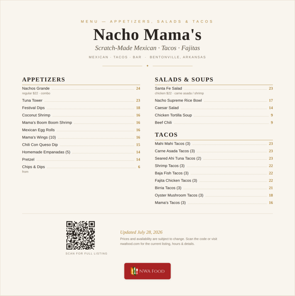 Nacho Mama's - Bentonville, AR - Menu with Prices - 01