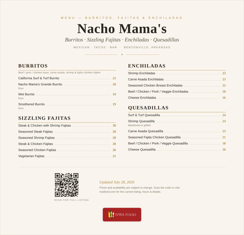 Nacho Mama's - Bentonville, AR - Menu with Prices - 02