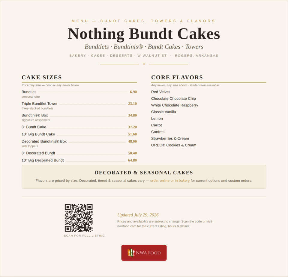 Nothing Bundt Cakes - Rogers, AR - Menu