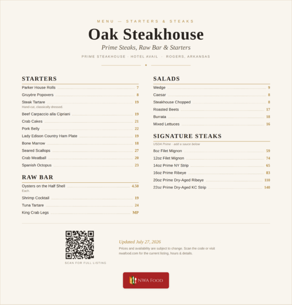 Oak Steakhouse menu — Prime steaks, raw bar, starters and salads with prices in Rogers, AR