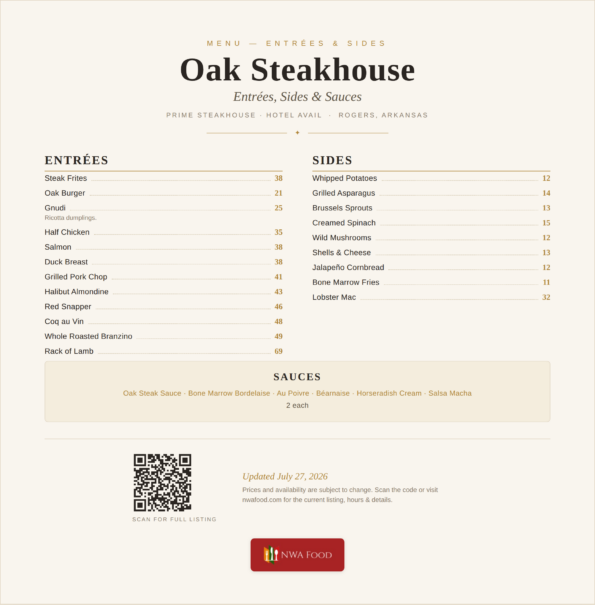 Oak Steakhouse menu — entrées, seafood, sides and sauces with prices in Rogers, AR