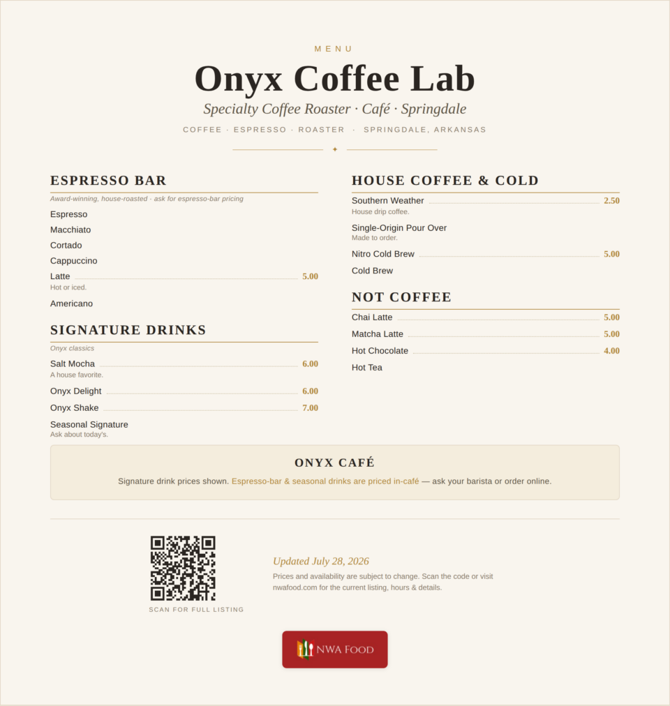 Onyx Coffee Lab - Springdale, AR - Menu