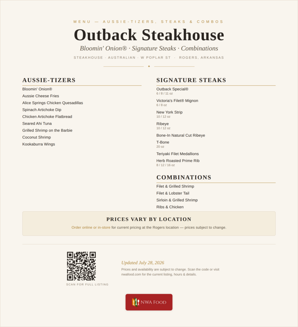 Outback Steakhouse - Rogers, AR - Menu - 01