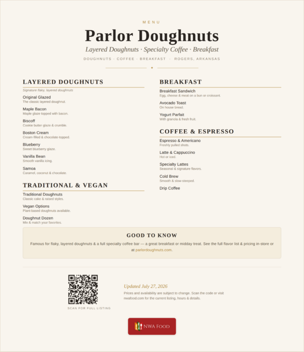Parlor Doughnuts menu of layered doughnuts, breakfast and coffee in Rogers, Arkansas