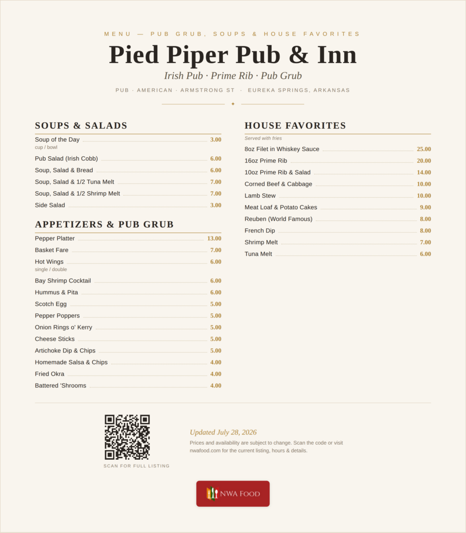 Pied Piper Pub & Inn - Eureka Springs, AR - Menu with Prices - 01