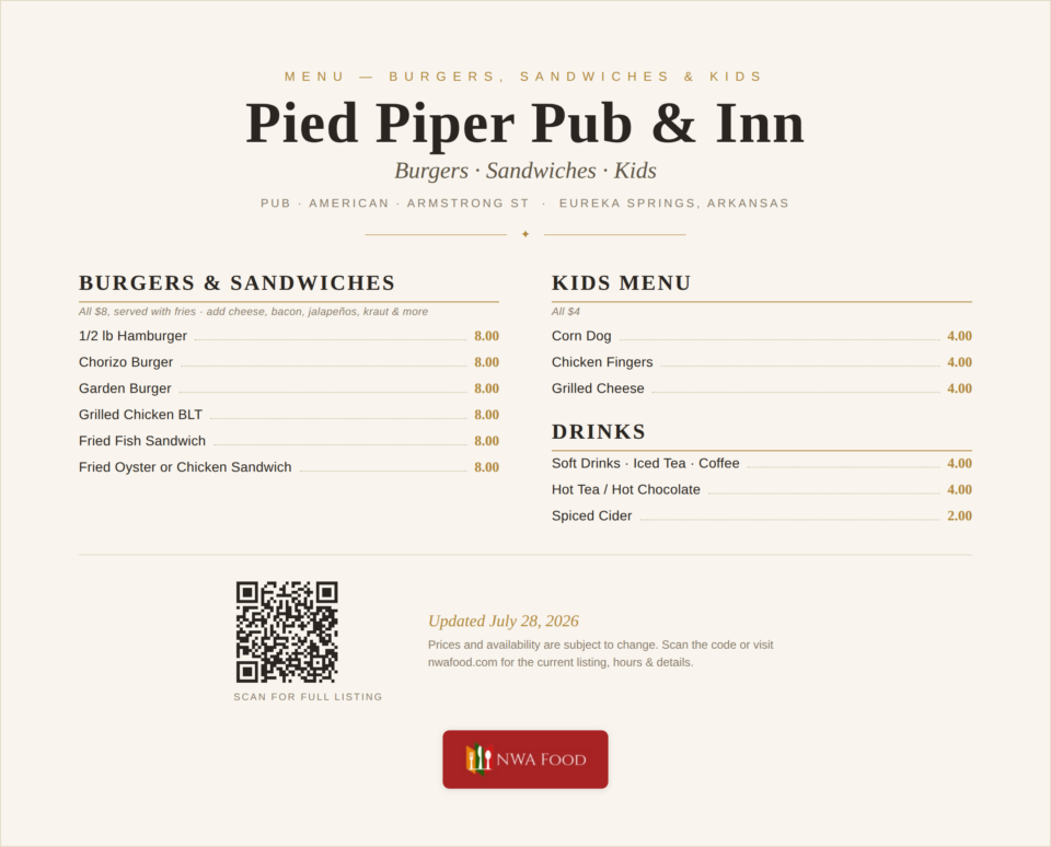 Pied Piper Pub & Inn - Eureka Springs, AR - Menu with Prices - 02