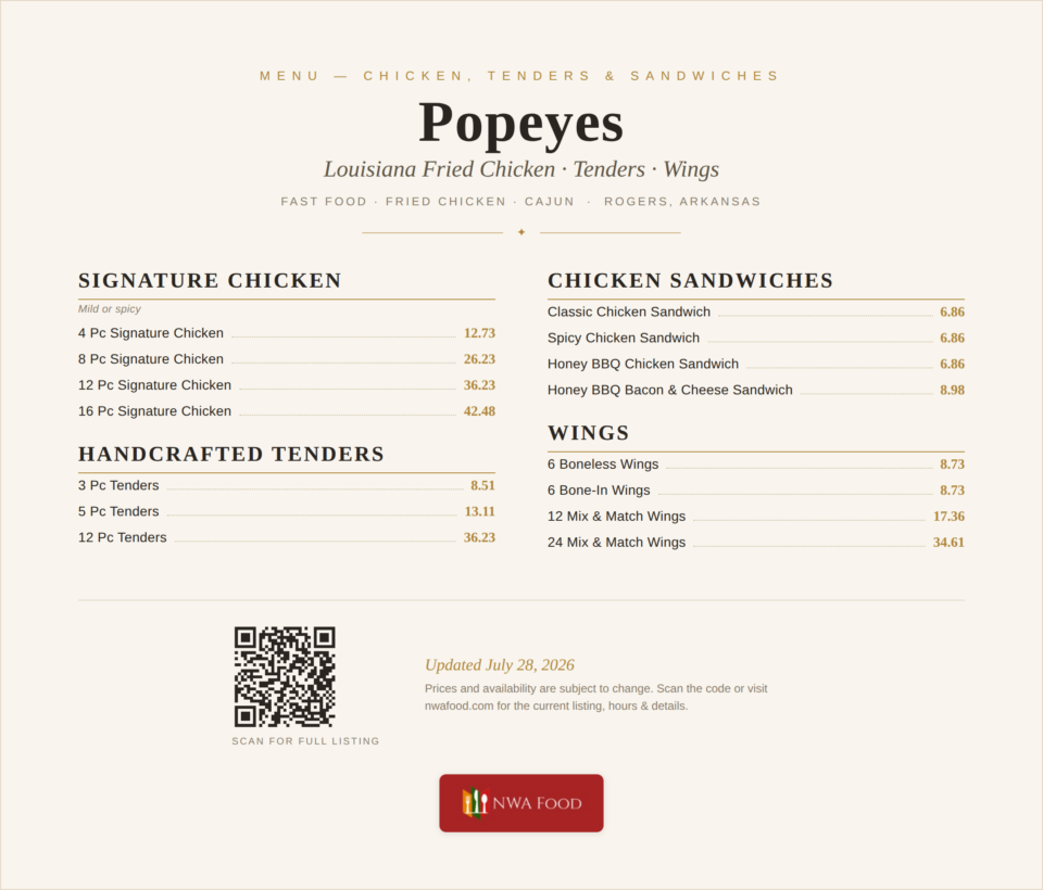Popeyes - Rogers, AR - Menu with Prices - 01