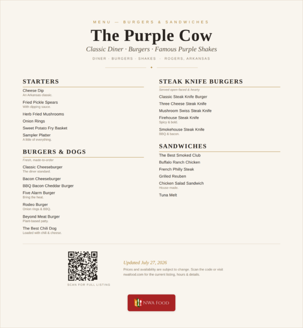 The Purple Cow menu of burgers and sandwiches in Rogers, Arkansas