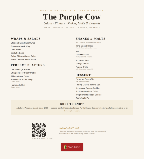 The Purple Cow menu of salads, platters, shakes and desserts in Rogers, Arkansas
