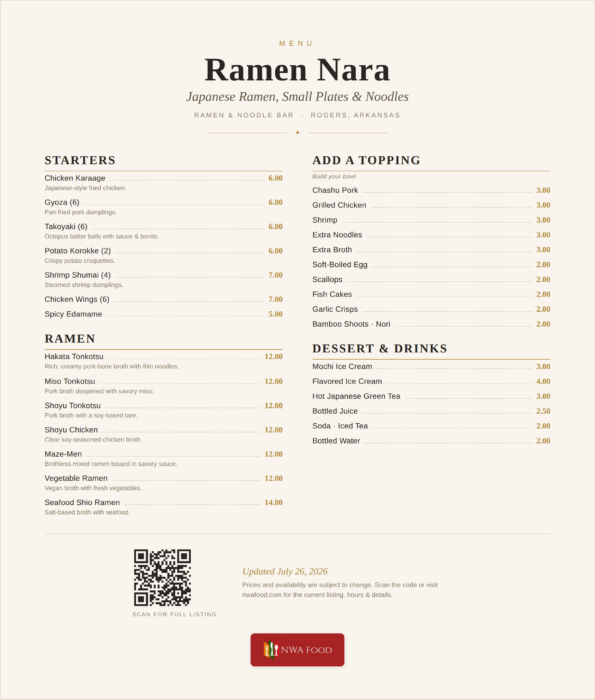 Ramen Nara menu — Japanese ramen bowls, small plates, toppings and drinks with prices in Rogers, AR
