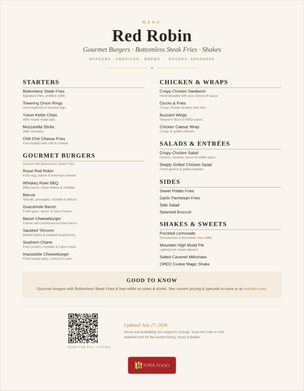 Red Robin menu of gourmet burgers, bottomless steak fries and shakes in Rogers, Arkansas