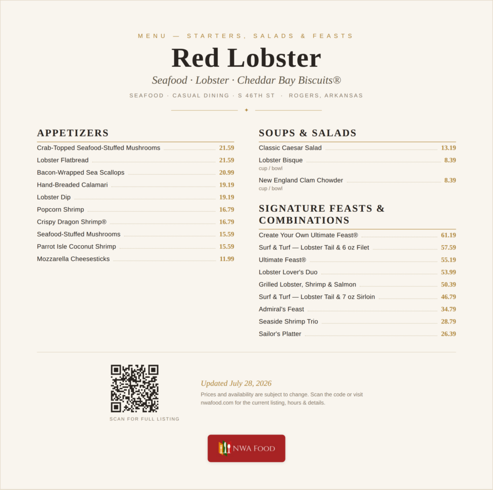 Red Lobster - Rogers, AR - Menu with Prices - 01
