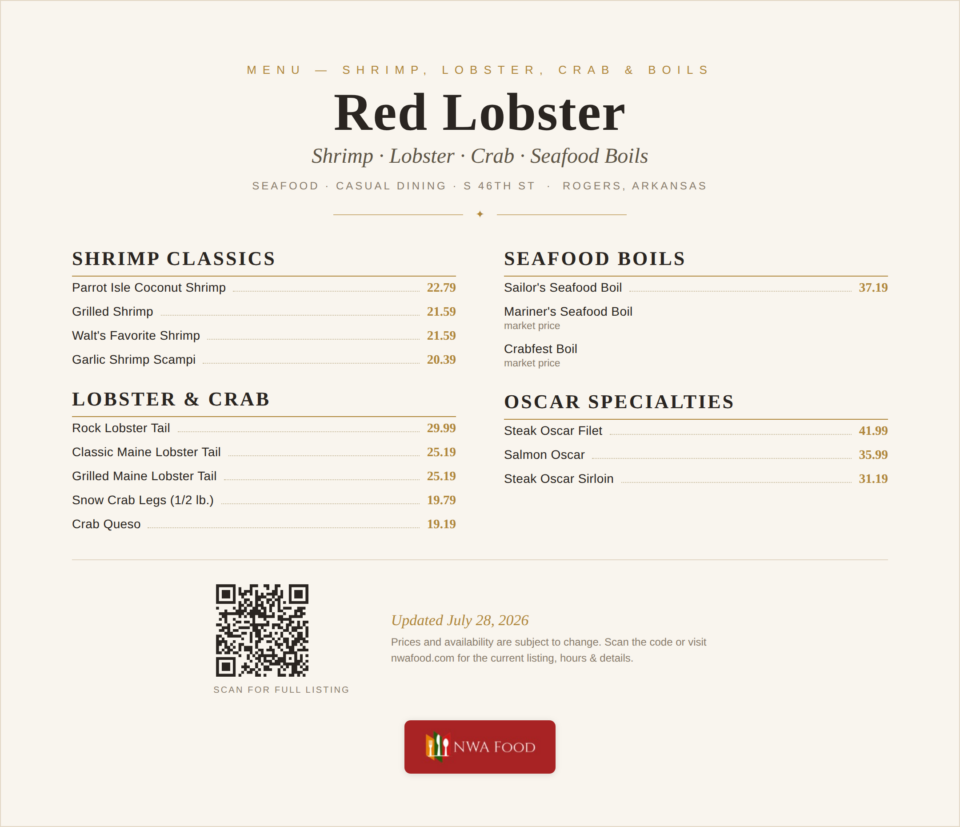 Red Lobster - Rogers, AR - Menu with Prices - 02