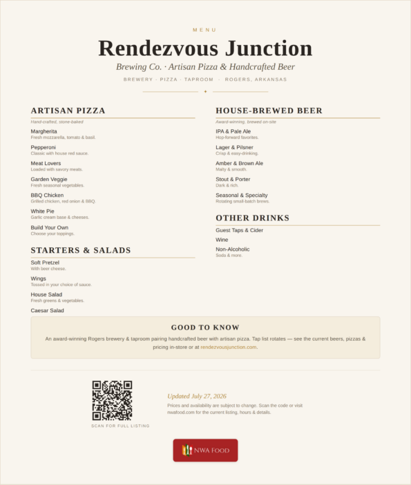 Rendezvous Junction Brewing menu of artisan pizza and craft beer in Rogers, Arkansas