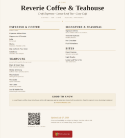Reverie Coffee & Teahouse menu of espresso, loose-leaf tea and lattes in Rogers, Arkansas
