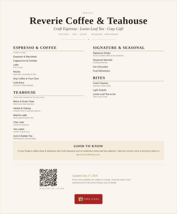 Reverie Coffee & Teahouse menu of espresso, loose-leaf tea and lattes in Rogers, Arkansas