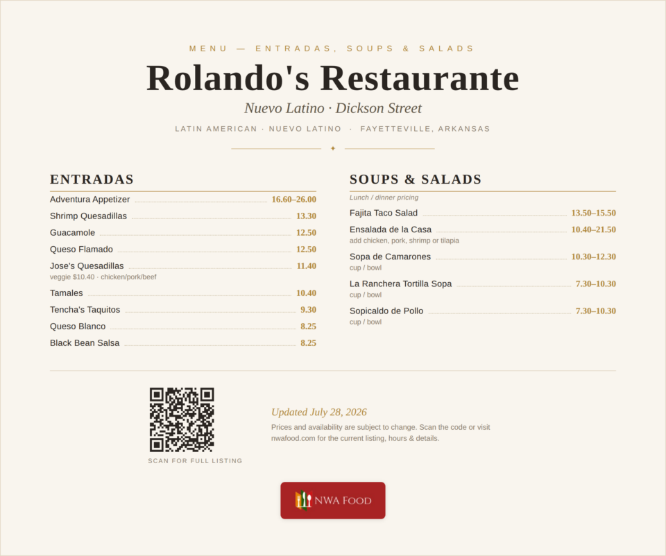 Rolando's Restaurante - Fayetteville, AR - Menu with Prices - 01