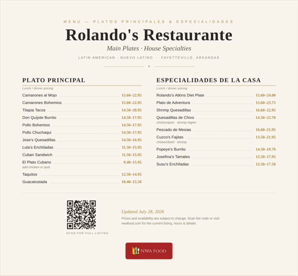 Rolando's Restaurante - Fayetteville, AR - Menu with Prices - 02