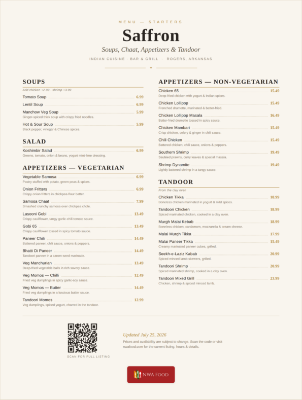 Saffron Indian Cuisine menu — soups, chaat, vegetarian & non-veg appetizers and tandoor with prices in Rogers, AR