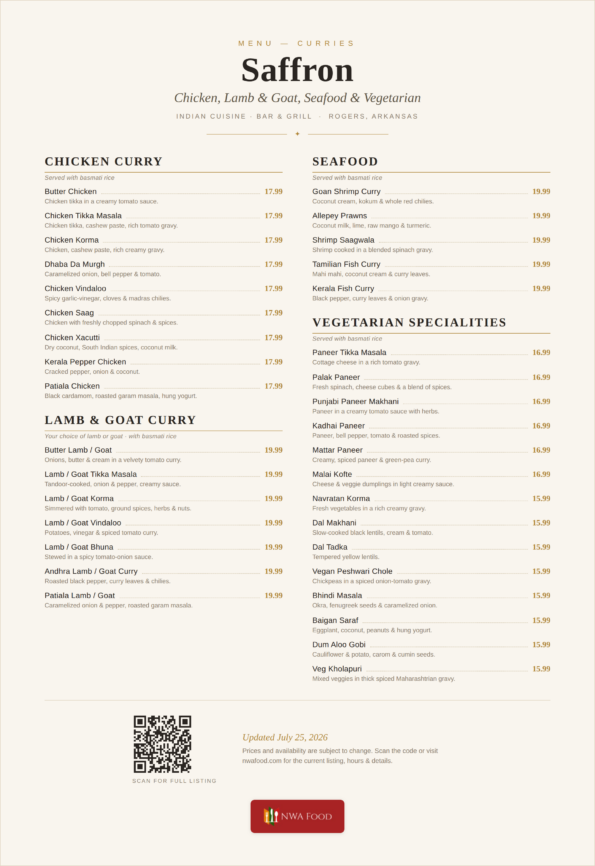 Saffron Indian Cuisine menu — chicken, lamb, goat, seafood and vegetarian curries with prices in Rogers, AR