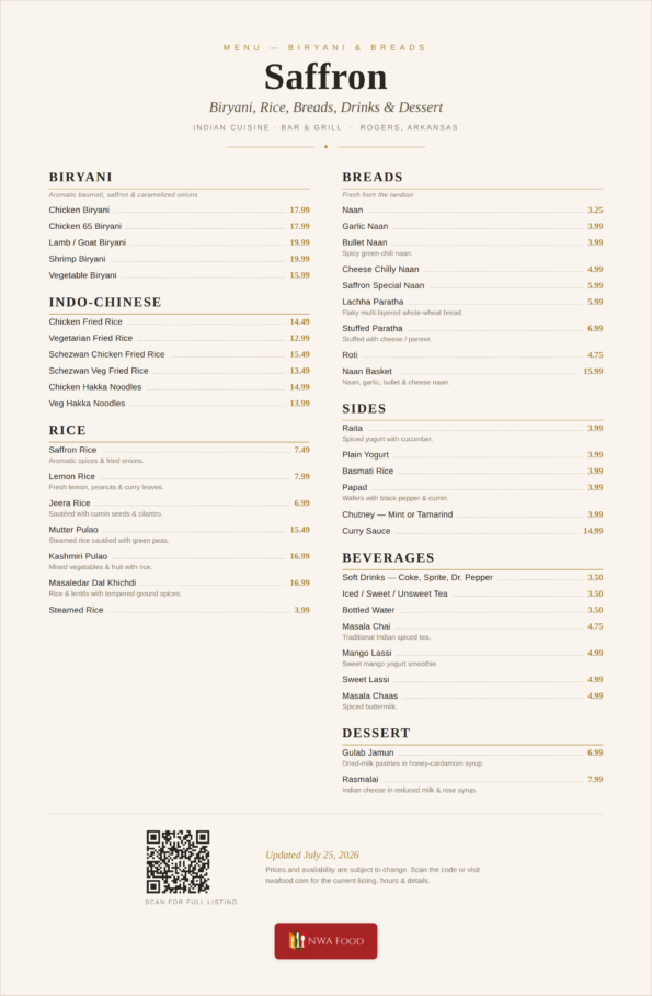 Saffron Indian Cuisine menu — biryani, rice, tandoori breads, drinks and dessert with prices in Rogers, AR