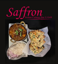 Saffron Indian Cuisine Bar & Grill logo — Indian restaurant with curry, basmati rice and naan in Rogers, AR