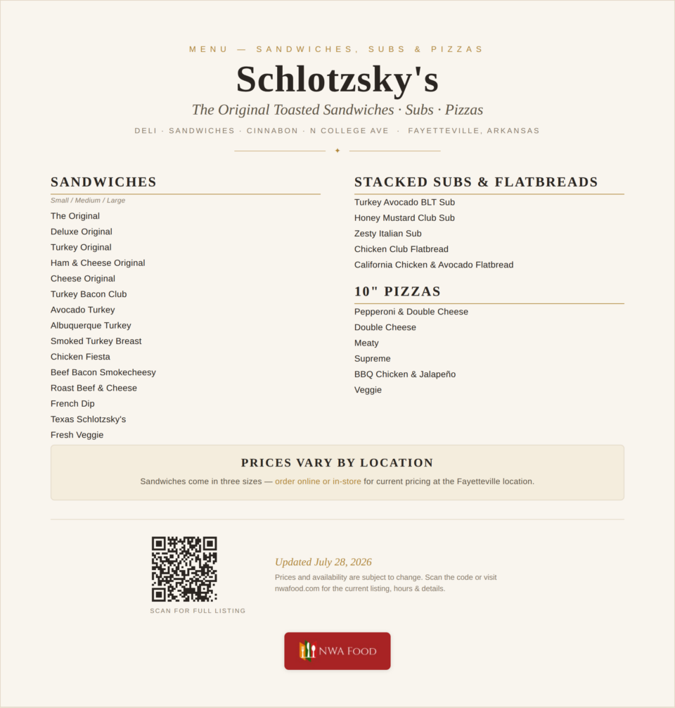 Schlotzsky's - Fayetteville, AR - Menu - 01