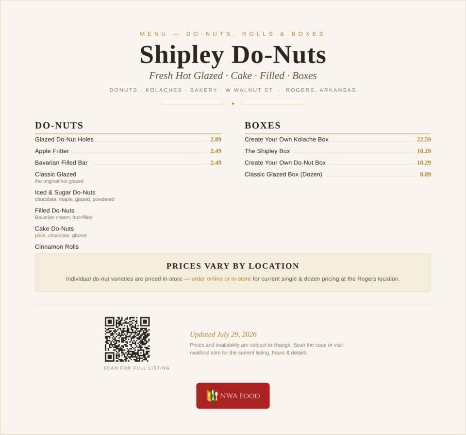 Shipley Do-Nuts - Rogers, AR - Menu